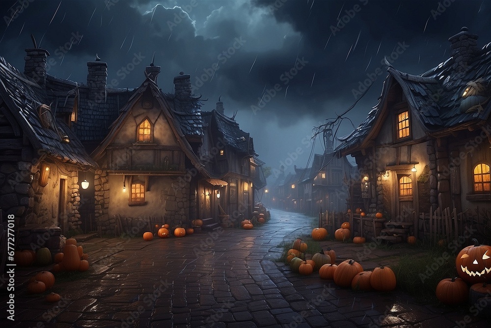 Halloween village stormy weather rain night scene AI, Generative