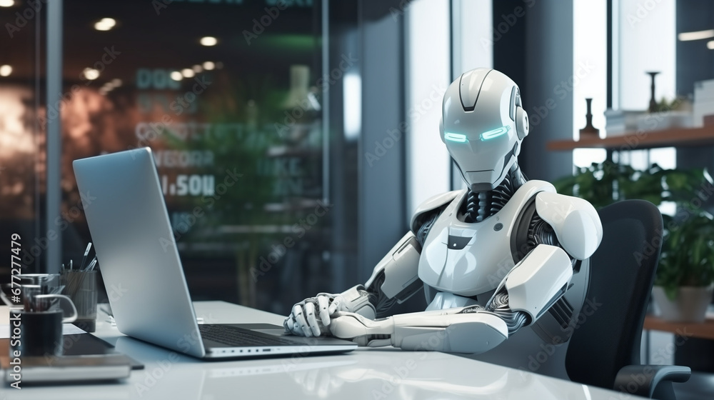AI, robot, technology, future, futuristic, android, artificial intelligence, 3d, office, office worker, employee, AI employee, robot worker, robot employee, future of work