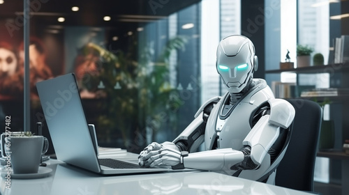 Artificial intelligence office worker at a computer, future of work AI concept