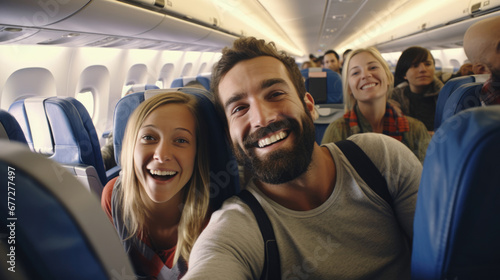 Families pose for a selfie as they settle into their airplane seats photo