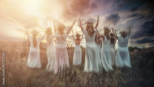 Women in flower wreath on sunny meadow, Floral crown, symbol of summer solstice. Loop Animation.