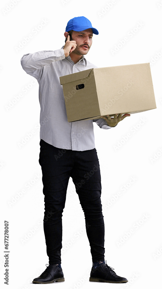 full-length male courier holding a box on a white background