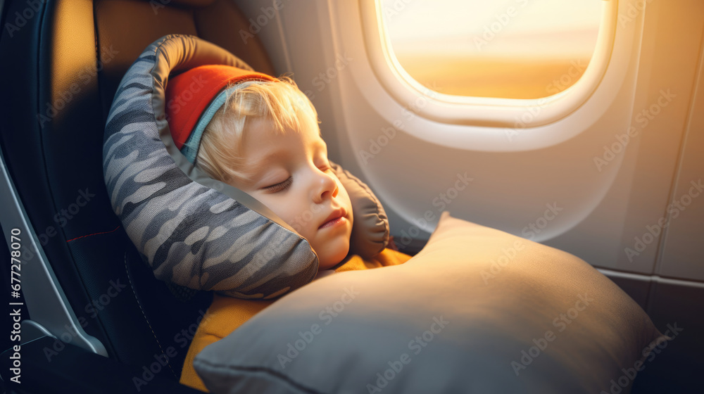 A child sleeps peacefully with a travel pillow on the plane A child sleeps peacefully with a travel pillow on the plane