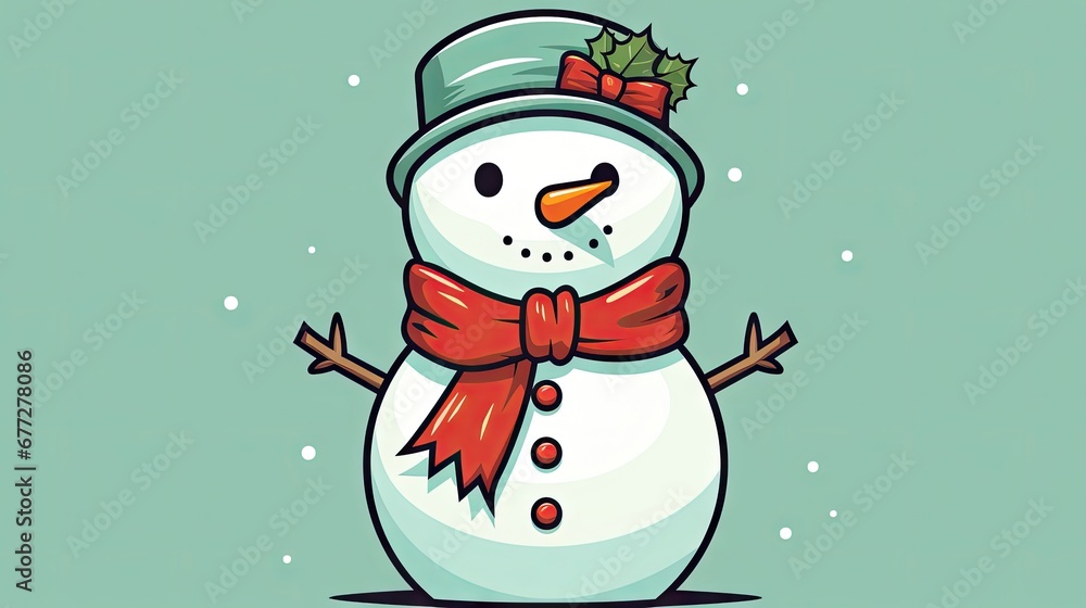 a cartoon snowman with a red bow on his head and a green background with snow flakes on his head and a green background with snowflakes and snowflakes. generative ai a cartoon snowman with a red bow on his head and a green background with snow flakes on his head and a green background with snowflakes and snowflakes. generative ai