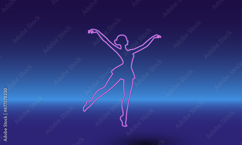 Neon dancing girl symbol on a gradient blue background. The isolated symbol is located in the bottom center. Gradient blue with light blue skyline