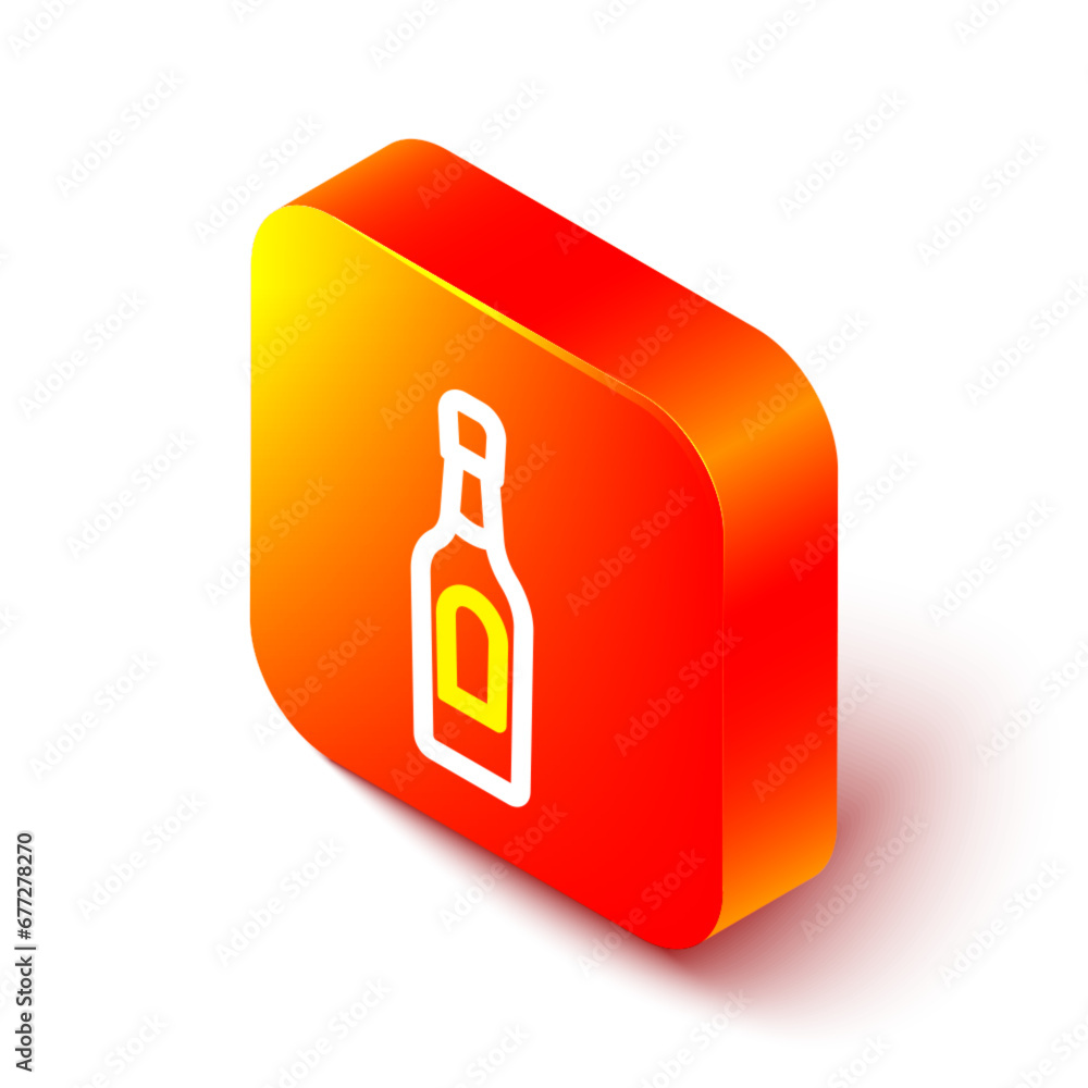 Isometric line Champagne bottle icon isolated on white background. Orange square button. Vector Isometric line Champagne bottle icon isolated on white background. Orange square button. Vector