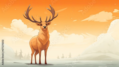  a deer standing in the middle of a snow covered field in front of an orange sky with clouds and a snow covered hill in the foreground with snow on the ground.  generative ai