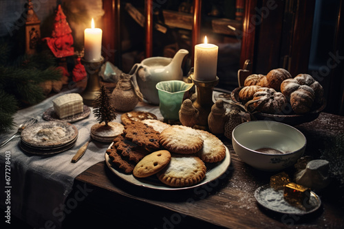 Tasty homemade Christmas cookies on the table. Gingerbread. Christmas holiday treats. © lolya1988