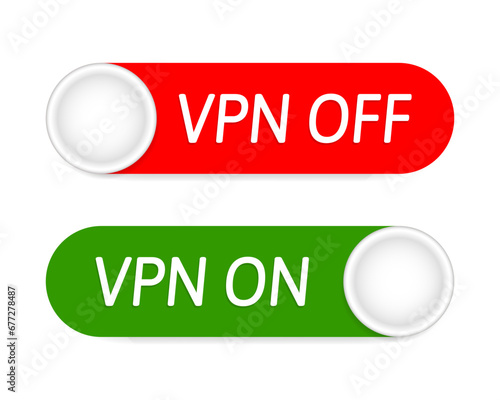 VPN on, VPN off icons. Red and green buttons. Connect and disconnect. Secure connection. Virtual private network. VPN enabled, VPN disabled
