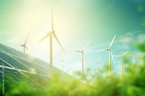 Wind turbines and solar panels. Sustainable , renewable energy. Ai Generative photo