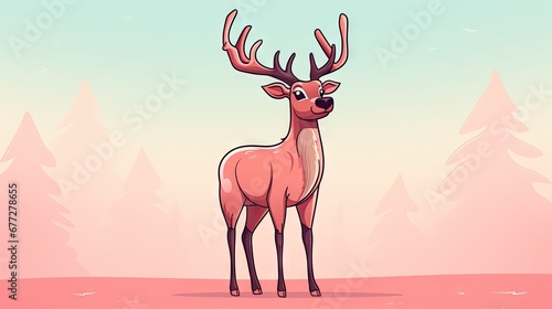  a deer standing in the middle of a field with trees in the background and a blue sky in the middle of the picture, with a pink hued background. generative ai