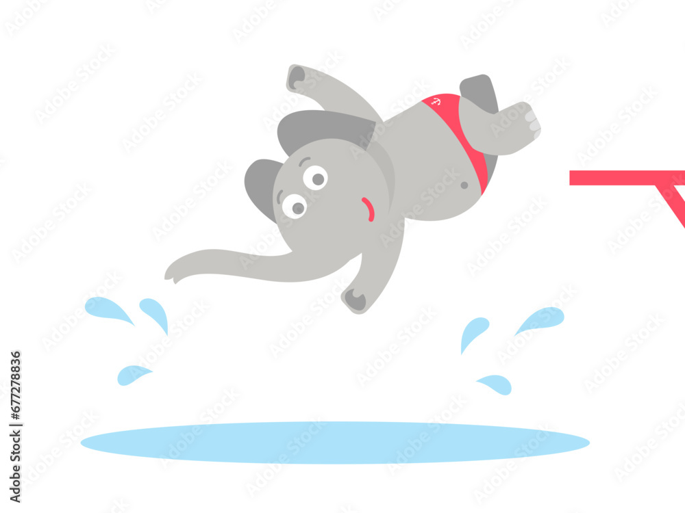 Obraz premium Cute funny elephant character jumping into the water. Flat children's vector illustration about swimming and pool.