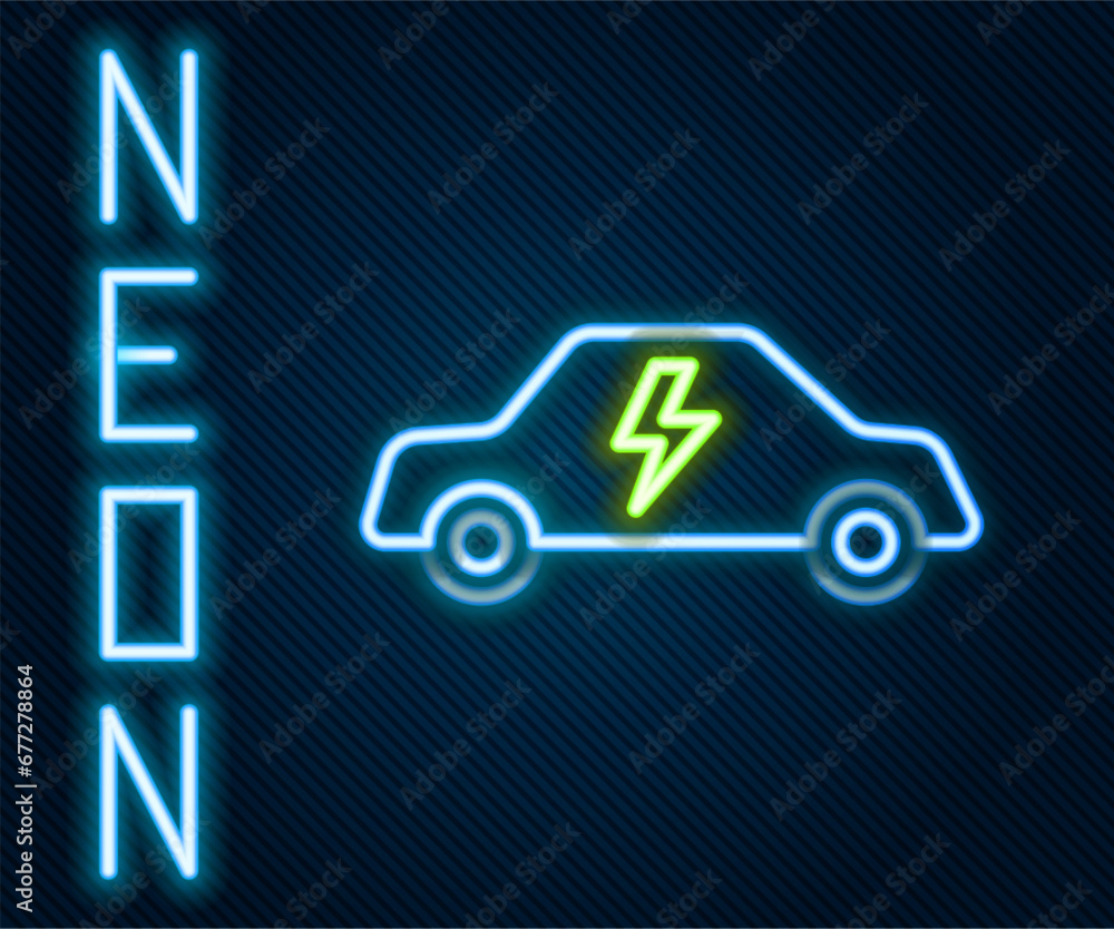Glowing neon line Electric car and electrical cable plug charging icon isolated on black background. Renewable eco technologies. Colorful outline concept. Vector Glowing neon line Electric car and electrical cable plug charging icon isolated on black background. Renewable eco technologies. Colorful outline concept. Vector