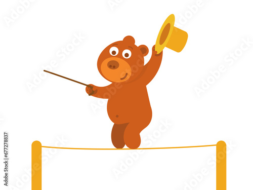 A circus bear with a cane and hat walks along a tightrope. Children's character. Flat vector illustration.