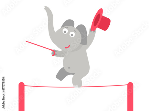A circus elephant with a cane and hat walks along a tightrope. Children's character. Flat vector illustration.