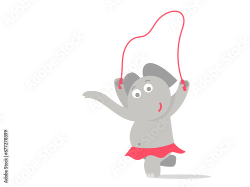 Elephant girl jumping rope in a skirt. Flat vector illustration. Children's character.