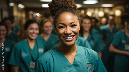 Women doctors and nurses working happily in a hospital. Health professionals in a hospital. Group of co-workers in the field of medicine and health. Health workers. Doctors in uniform dresses. photo