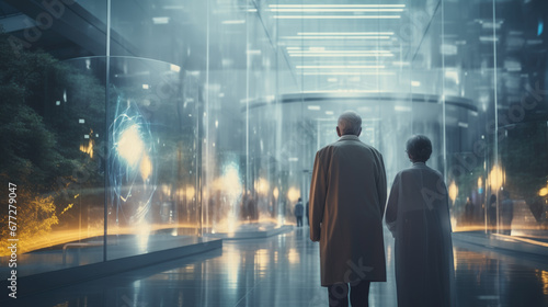 Old senior couple walking along a futuristic corridor. Representation of aging society, immortality, and future of healthcare. Generative AI. photo