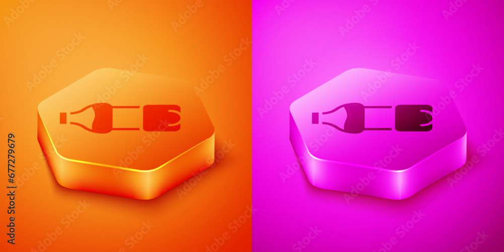Isometric Bottle of water icon isolated on orange and pink background. Soda aqua drink sign. Hexagon button. Vector Isometric Bottle of water icon isolated on orange and pink background. Soda aqua drink sign. Hexagon button. Vector