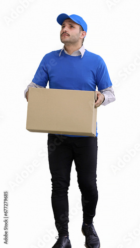 full-length male courier holding a box on a green background © Katsiaryna