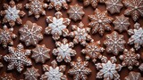  a group of snowflake cookies sitting on top of a brown table top next to each other on top of a tablecloth covered in snowflaked snowflakes.  generative ai