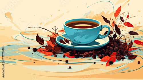  a painting of a cup of coffee on a saucer surrounded by coffee beans, leaves, and a sprig of dry grass with a splash of water. generative ai