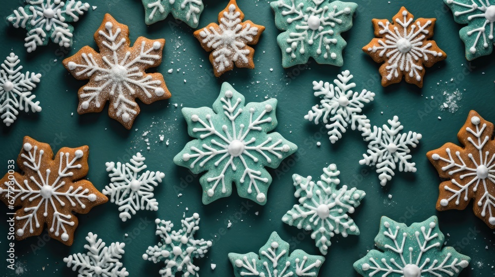 a group of snowflake cookies sitting on top of a green table covered in white and brown icing and sprinkled with icing on top of a green surface. generative ai a group of snowflake cookies sitting on top of a green table covered in white and brown icing and sprinkled with icing on top of a green surface. generative ai