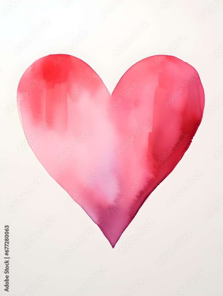 Drawing of a Heart in fuchsia Watercolors on a white Background. Romantic Template with Copy Space
