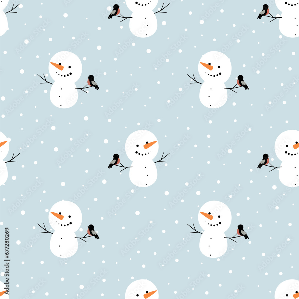 Christmas seamless pattern with smiling snowman and bullfinch