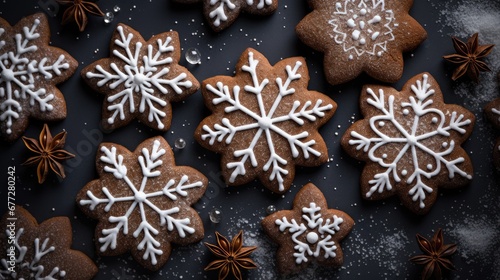  a close up of a plate of cookies decorated with icing snowflakes and star shaped cookies with cinnamon sprinkles on a black background with white snowflakes. generative ai