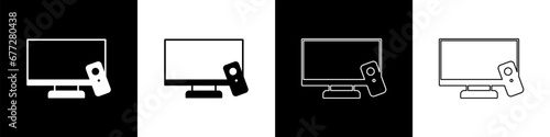 Set Smart Tv icon isolated on black and white background. Television sign. Vector