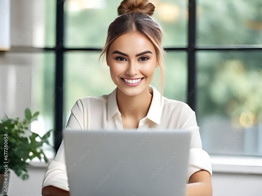 a young smiling beautiful woman is working at a laptop in the office a young smiling beautiful woman is working at a laptop in the office