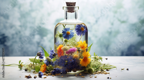 Herb oil bottles homeopathy herbs.Generative AI photo