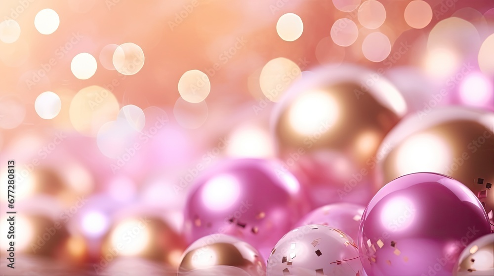  a bunch of pink and gold balloons on a pink and white background with a blurry boke of pink and gold balloons on the bottom of the image and a pink boke of the balloons.  generative ai