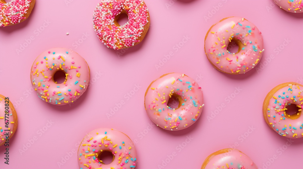 Donuts on pink background. top view and place for text.Generative AI Donuts on pink background. top view and place for text.Generative AI