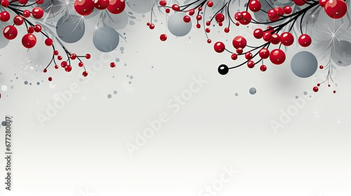  a white background with a bunch of red berries hanging from the branches of a tree with silver balls hanging from the branches, and a black object in the foreground. generative ai