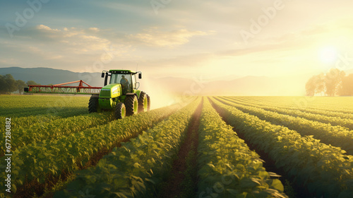 agricultural tractor plowing and spraying on a green field.Generative AI