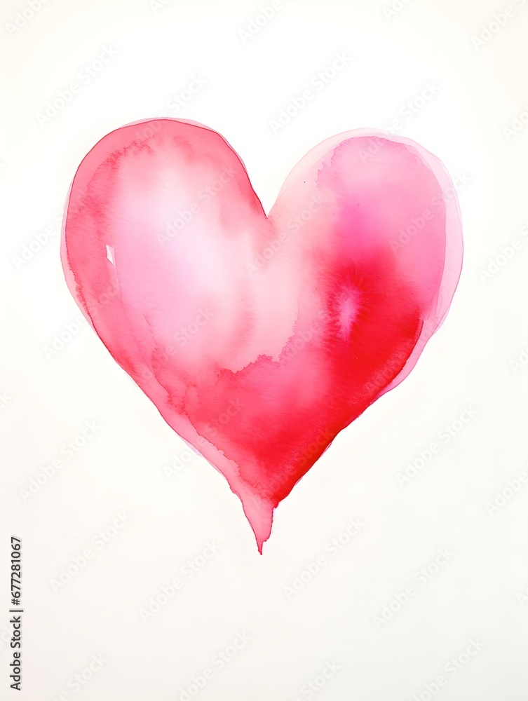 Drawing of a Heart in hot pink Watercolors on a white Background. Romantic Template with Copy Space