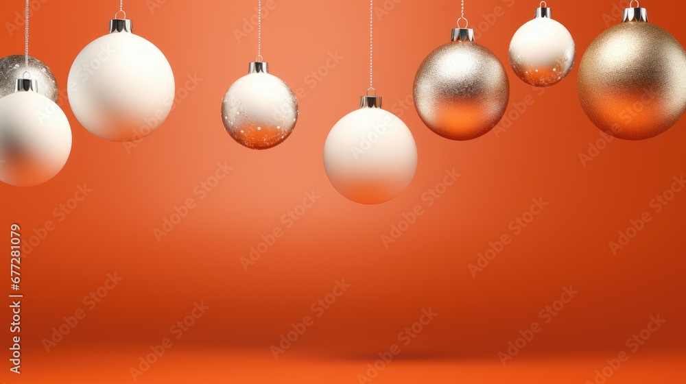 a group of christmas ornaments hanging from a string on an orange background with a white and silver bauble hanging from a line of silver and white bauble. generative ai a group of christmas ornaments hanging from a string on an orange background with a white and silver bauble hanging from a line of silver and white bauble. generative ai