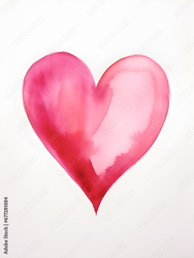 Drawing of a Heart in hot pink Watercolors on a white Background. Romantic Template with Copy Space