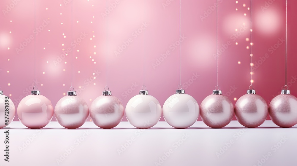 a row of pink and white christmas baubles hanging from a line on a pink