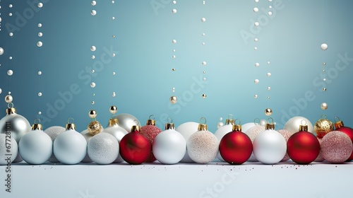  a row of white and red christmas baubles on a blue background with bubbles coming out of the top of the baubles and on the bottom of the baub. generative ai