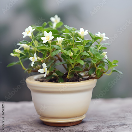 White flowers in a pot on the background of a blurred window. © Muhammad