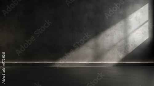 Black wall and smooth floor with beautiful window shadow and sun glare. Universal background for product presentation.