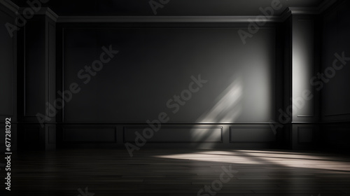 Black wall and smooth floor with beautiful window shadow and sun glare. Universal background for product presentation. © Sticker