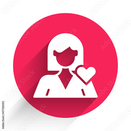 White Romantic girl icon isolated with long shadow background. Happy Valentines day. Red circle button. Vector