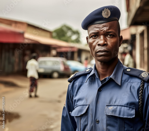 African man working as police officer or cop, closeup portrait, blurred local small town background. Generative AI