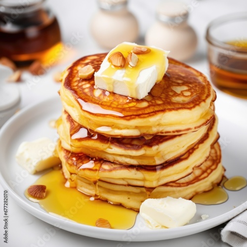 A stack of pancakes with butter and syrup on a plate