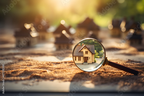 Looking for a new house to buy or rent in the housing market, with a magnifying glass near a residential building,