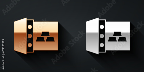 Gold and silver Safe with gold bars icon isolated on black background. Precious metals on deposit in bank. Metallic treasury. Reliable data protection. Long shadow style. Vector